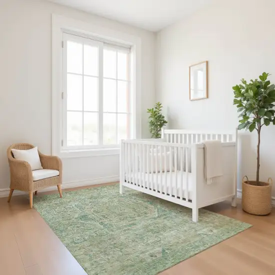 Sage And Beige Oriental Washable Area Rug With UV Protection Photo 4