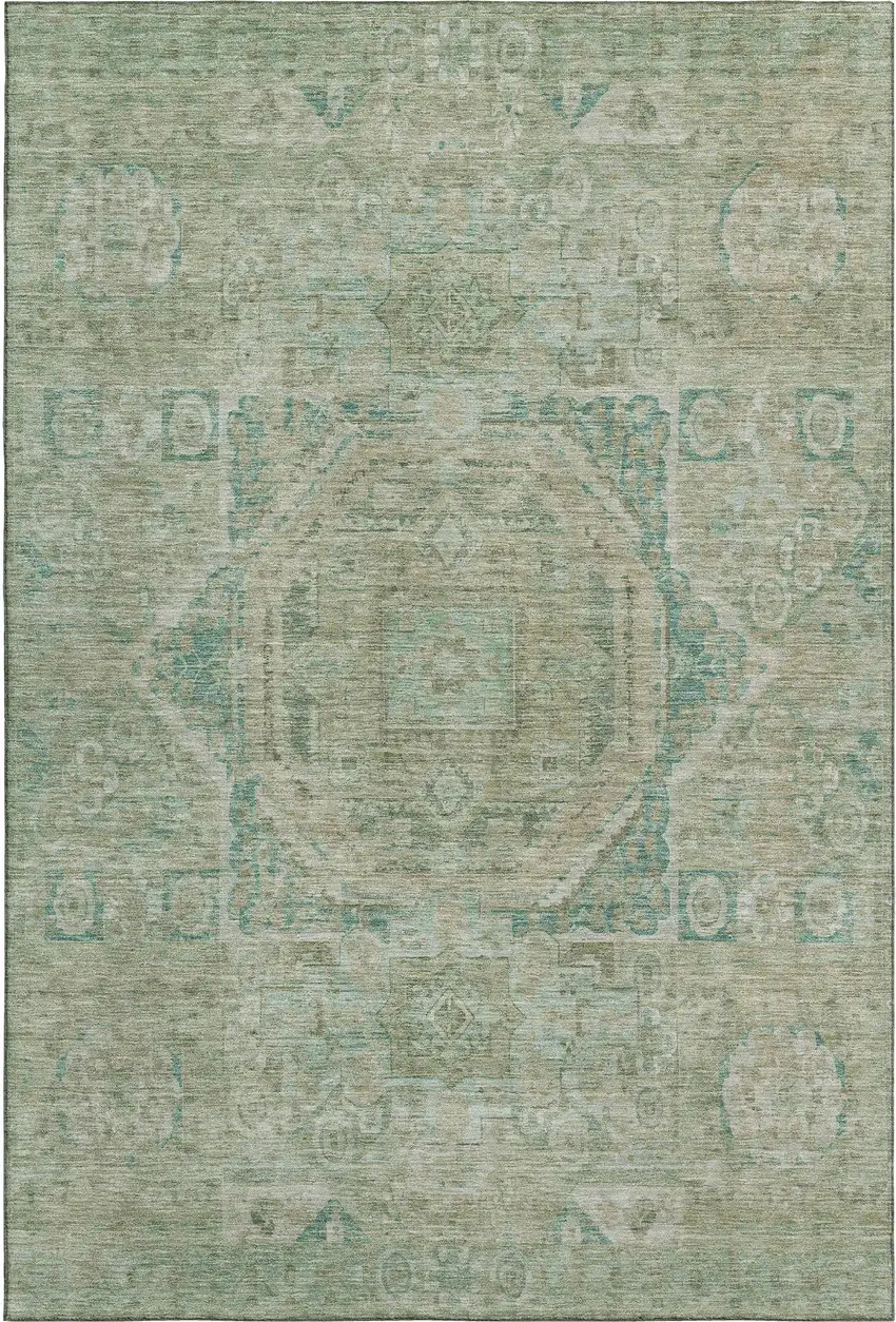 Sage And Beige Oriental Washable Area Rug With UV Protection Photo 1