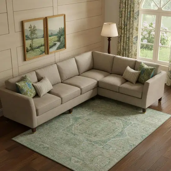 Sage And Beige Oriental Washable Area Rug With UV Protection Photo 2