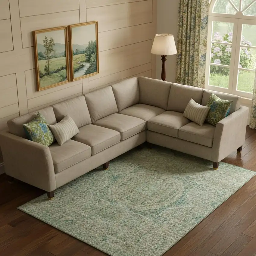 Sage And Beige Oriental Washable Area Rug With UV Protection Photo 2