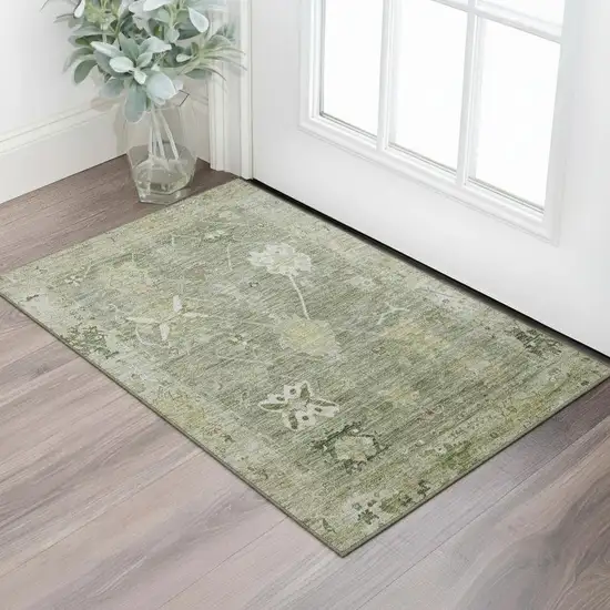 Sage And Beige Oriental Washable Area Rug With UV Protection Photo 2