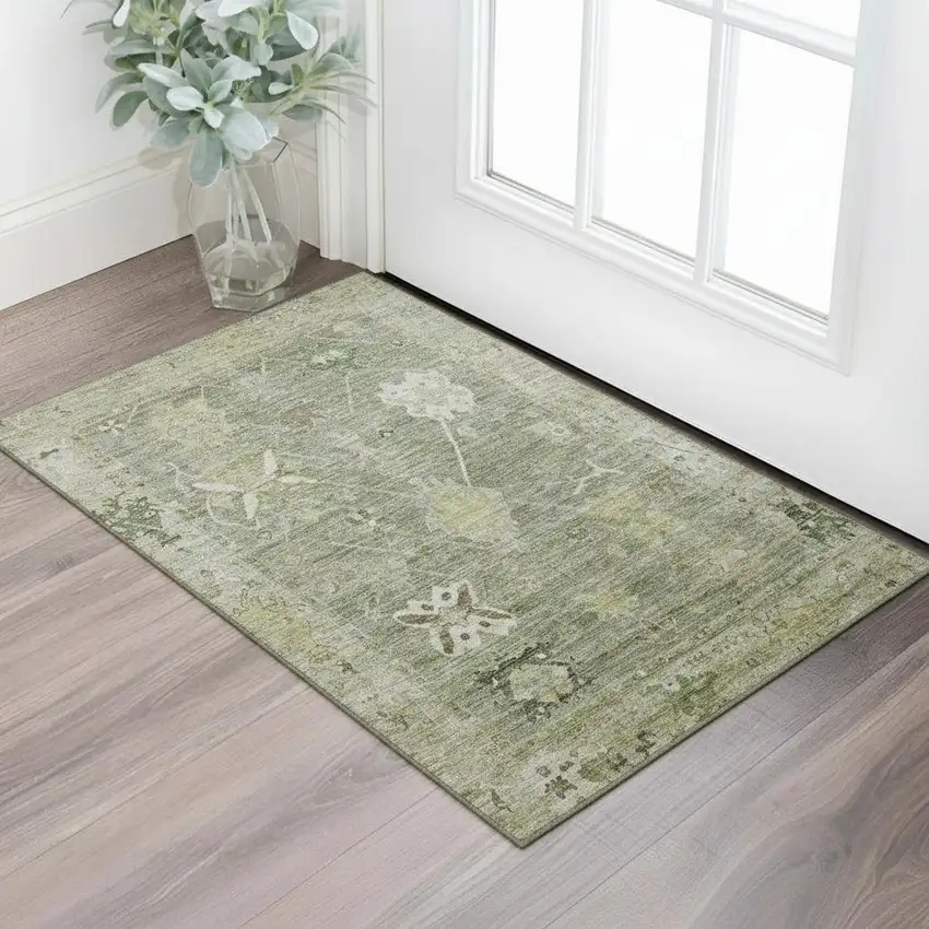 Sage And Beige Oriental Washable Area Rug With UV Protection Photo 2