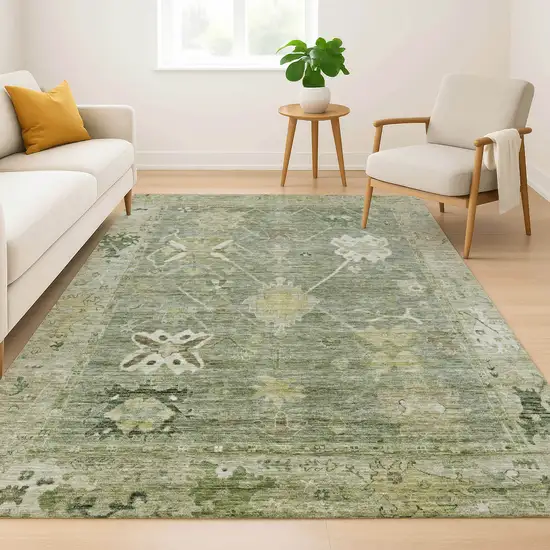 Sage And Beige Oriental Washable Area Rug With UV Protection Photo 6