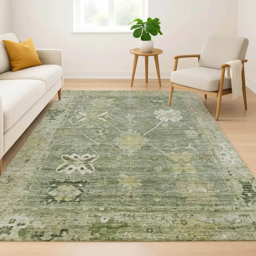 Sage And Beige Oriental Washable Area Rug With UV Protection Photo 6
