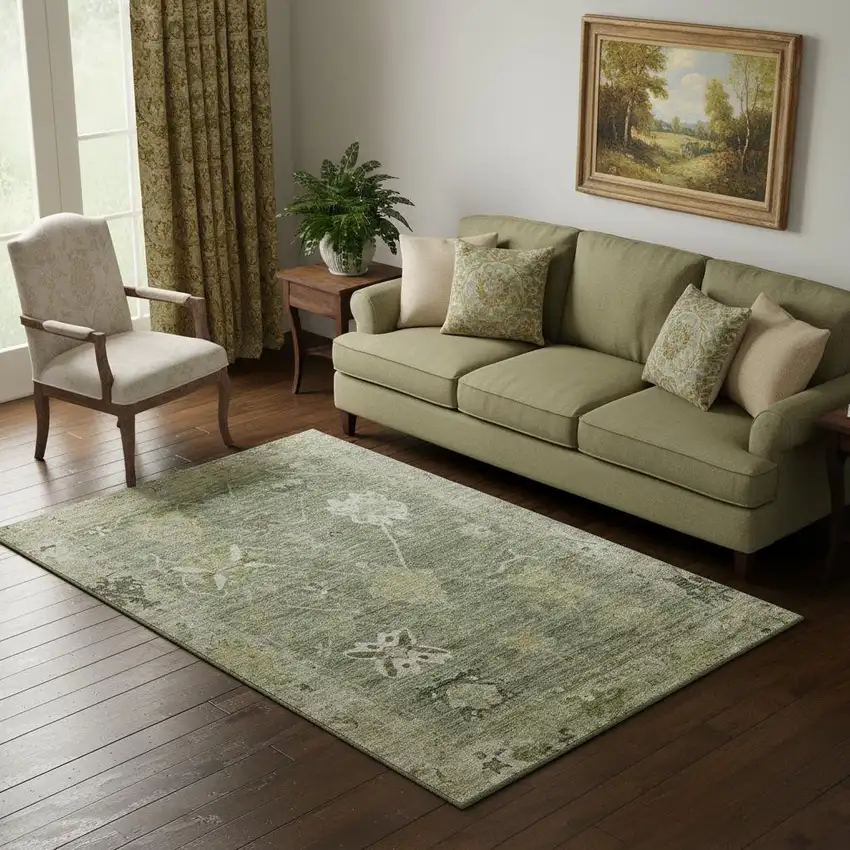 Sage And Beige Oriental Washable Area Rug With UV Protection Photo 2