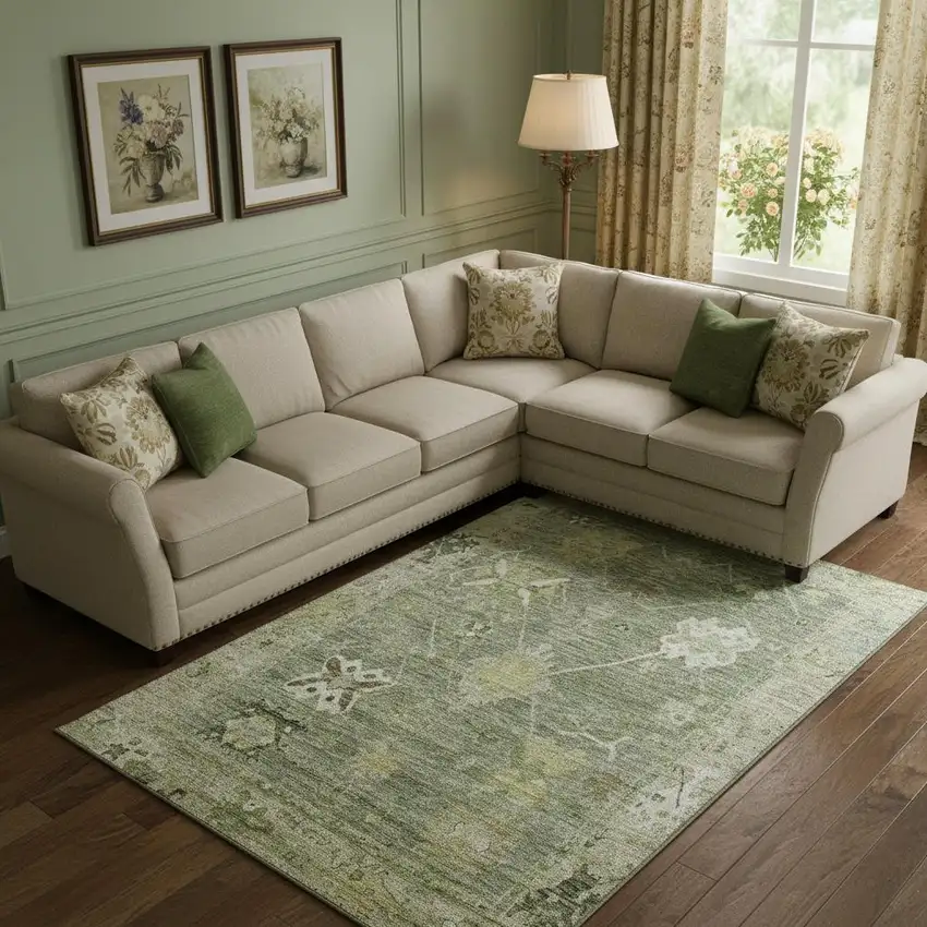 Sage And Beige Oriental Washable Area Rug With UV Protection Photo 2