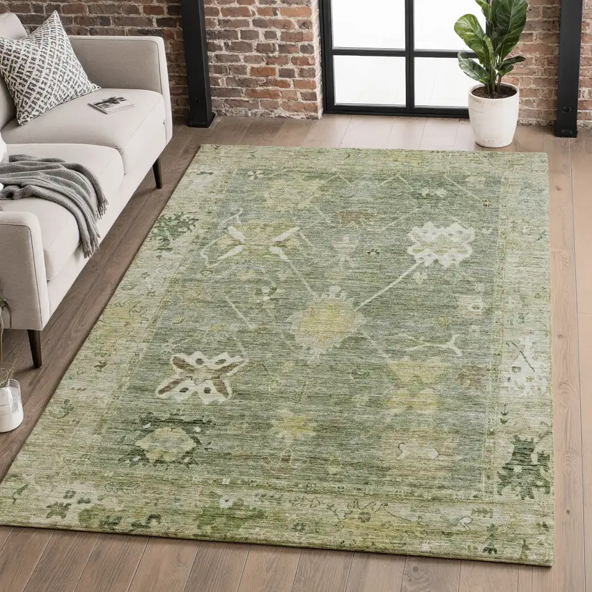 Sage And Beige Oriental Washable Area Rug With UV Protection Photo 5