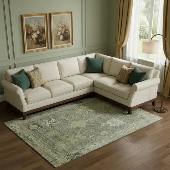 Sage And Beige Oriental Washable Area Rug With UV Protection Photo 2