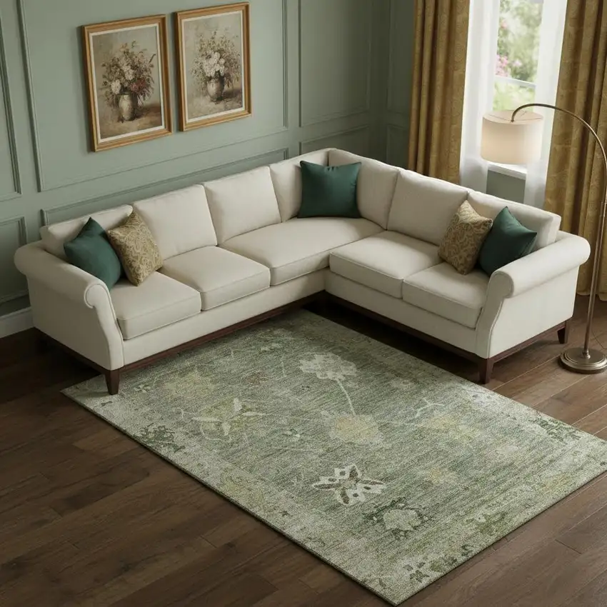 Sage And Beige Oriental Washable Area Rug With UV Protection Photo 2