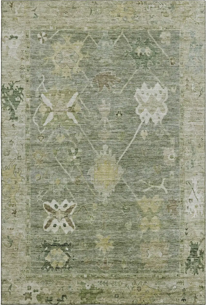Sage And Beige Oriental Washable Area Rug With UV Protection Photo 1