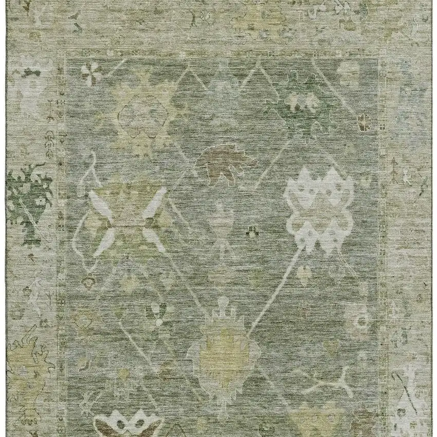Sage And Beige Oriental Washable Area Rug With UV Protection Photo 3
