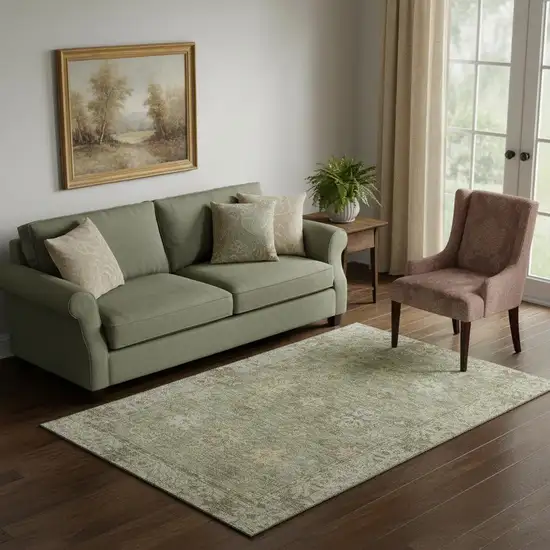 Sage And Beige Oriental Washable Area Rug With UV Protection Photo 2