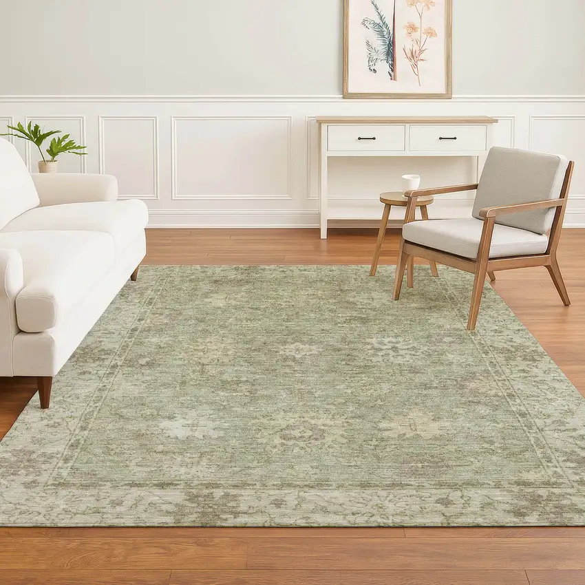 Sage And Beige Oriental Washable Area Rug With UV Protection Photo 6