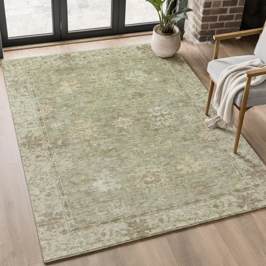 Sage And Beige Oriental Washable Area Rug With UV Protection Photo 5