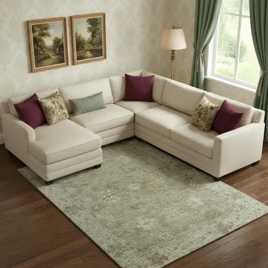 Sage And Beige Oriental Washable Area Rug With UV Protection Photo 2