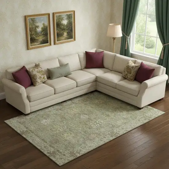 Sage And Beige Oriental Washable Area Rug With UV Protection Photo 2