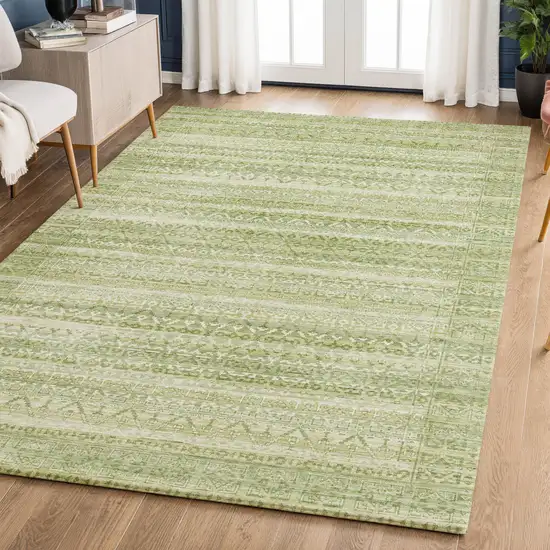 Sage And Beige Striped Washable Area Rug With UV Protection Photo 6