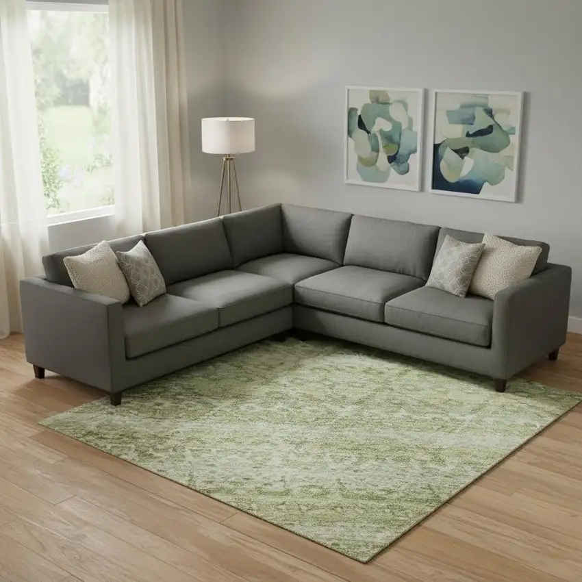 Sage And Beige Striped Washable Area Rug With UV Protection Photo 2