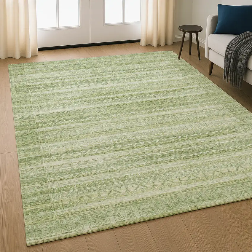 Sage And Beige Striped Washable Area Rug With UV Protection Photo 4