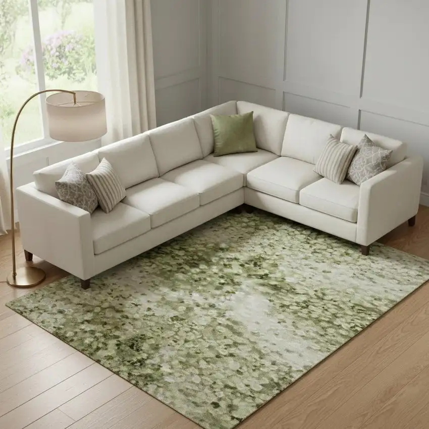 Sage And Beige Striped Washable Area Rug With UV Protection Photo 1