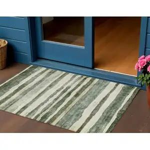 Photo of Sage And Beige Striped Washable Indoor Outdoor Area Rug