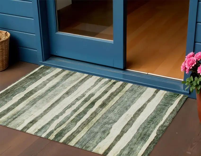 Sage And Beige Striped Washable Indoor Outdoor Area Rug Photo 1