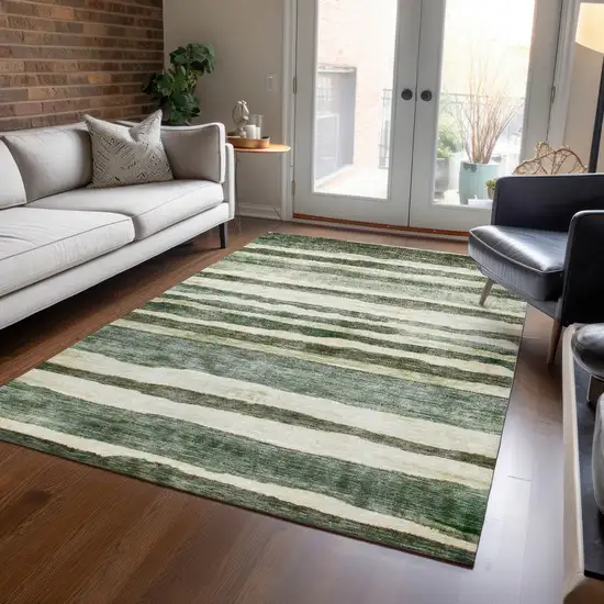 Sage And Beige Striped Washable Indoor Outdoor Area Rug Photo 9