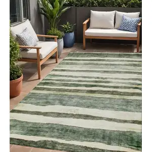 Photo of Sage And Beige Striped Washable Indoor Outdoor Area Rug