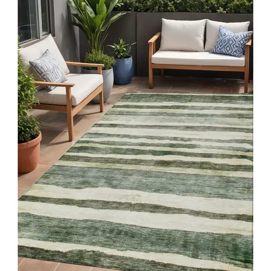 Sage And Beige Striped Washable Indoor Outdoor Area Rug Photo 1