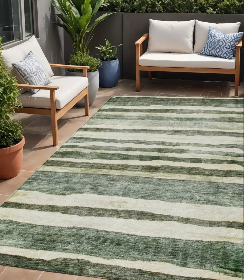 Sage And Beige Striped Washable Indoor Outdoor Area Rug Photo 1