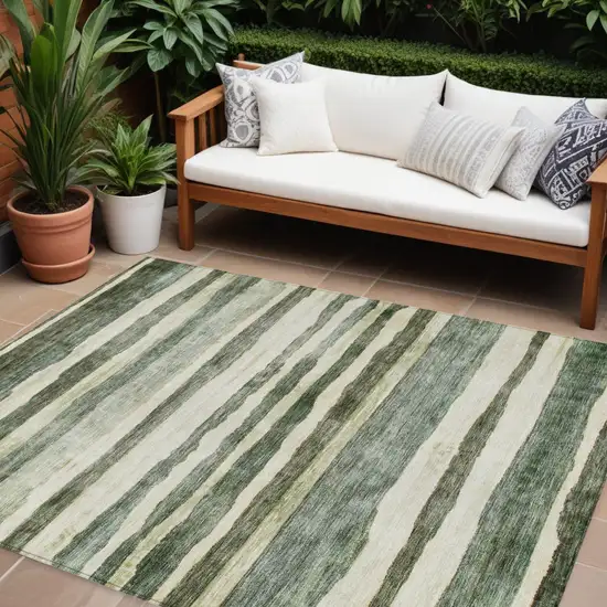 Sage And Beige Striped Washable Indoor Outdoor Area Rug Photo 1