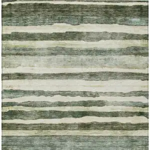 Photo of Sage And Beige Striped Washable Indoor Outdoor Area Rug