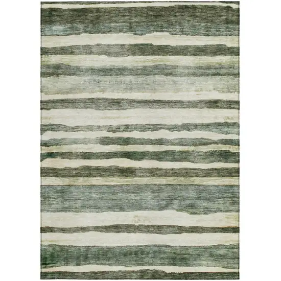 Sage And Beige Striped Washable Indoor Outdoor Area Rug Photo 7