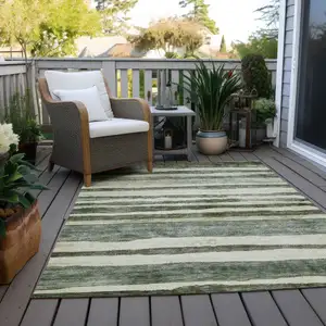 Photo of Sage And Beige Striped Washable Indoor Outdoor Area Rug