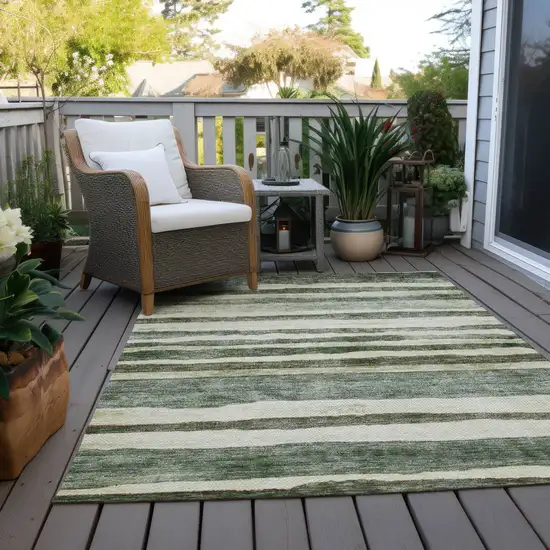 Sage And Beige Striped Washable Indoor Outdoor Area Rug Photo 8