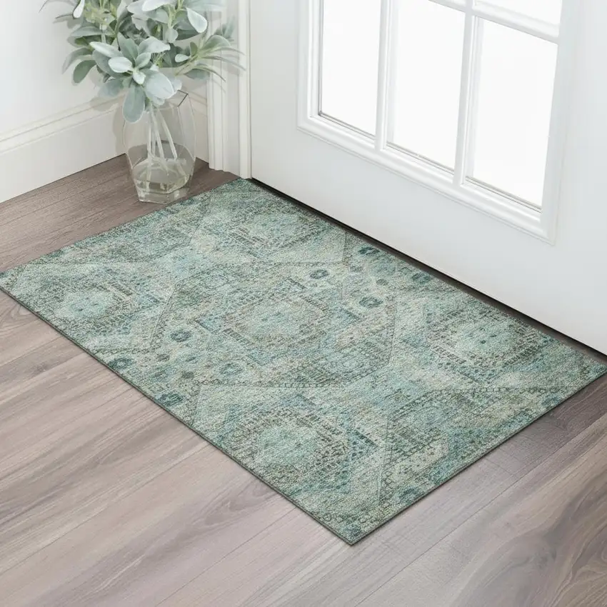 Sage And Blue Abstract Geometric Washable Area Rug With UV Protection Photo 2