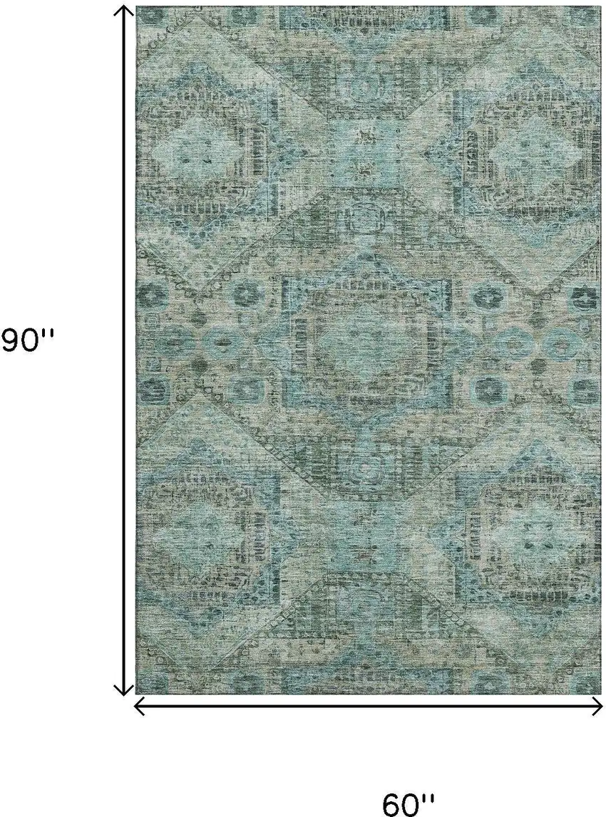 Sage And Blue Abstract Geometric Washable Area Rug With UV Protection Photo 9