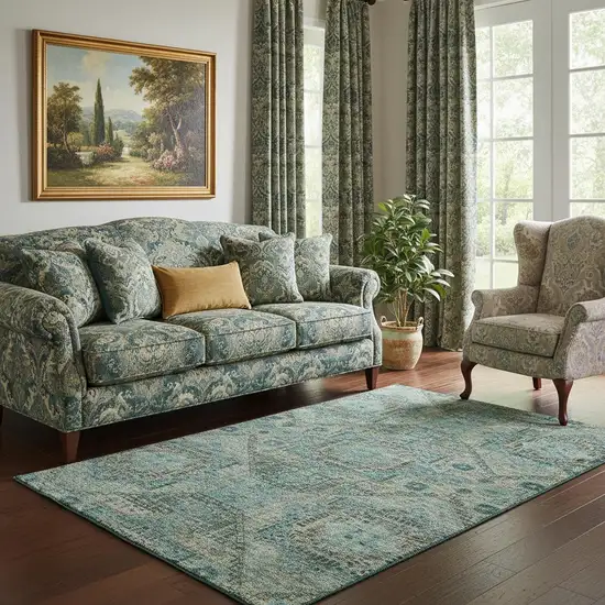 Sage And Blue Abstract Geometric Washable Area Rug With UV Protection Photo 1