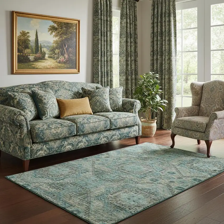 Sage And Blue Abstract Geometric Washable Area Rug With UV Protection Photo 1