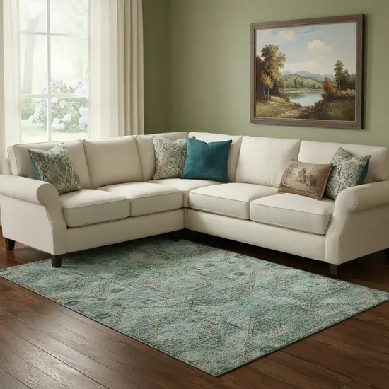 Sage And Blue Abstract Geometric Washable Area Rug With UV Protection Photo 2