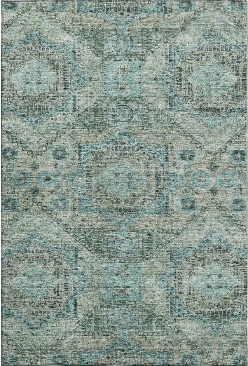 Sage And Blue Abstract Geometric Washable Area Rug With UV Protection Photo 1