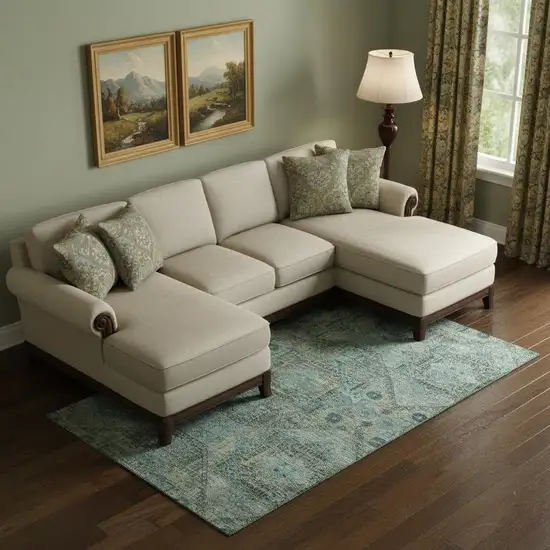 Sage And Blue Abstract Geometric Washable Area Rug With UV Protection Photo 2