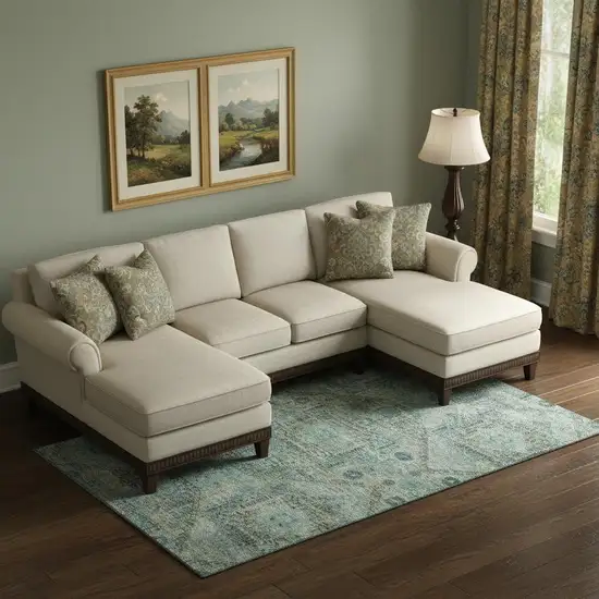 Sage And Blue Abstract Geometric Washable Area Rug With UV Protection Photo 2