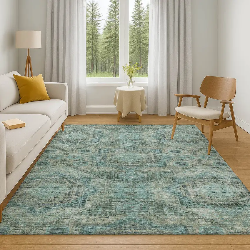 Sage And Blue Abstract Geometric Washable Area Rug With UV Protection Photo 6