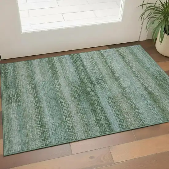 Sage And Blue Striped Washable Area Rug With UV Protection Photo 2