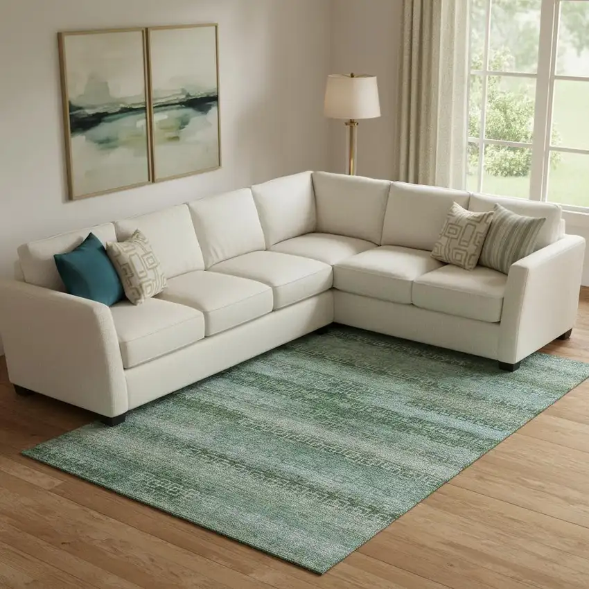 Sage And Blue Striped Washable Area Rug With UV Protection Photo 2