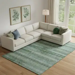 Photo of Sage And Blue Striped Washable Area Rug With UV Protection