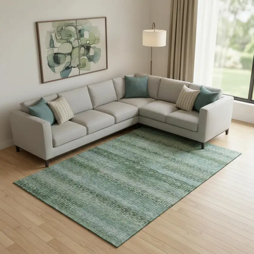 Sage And Blue Striped Washable Area Rug With UV Protection Photo 2