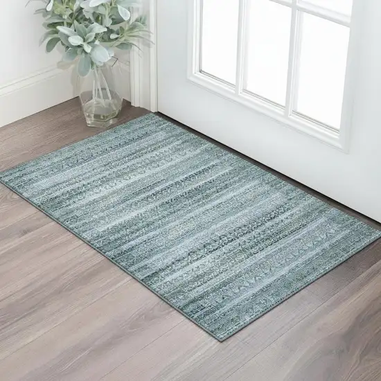 Sage And Blue Striped Washable Area Rug With UV Protection Photo 2