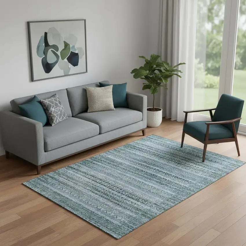 Sage And Blue Striped Washable Area Rug With UV Protection Photo 2
